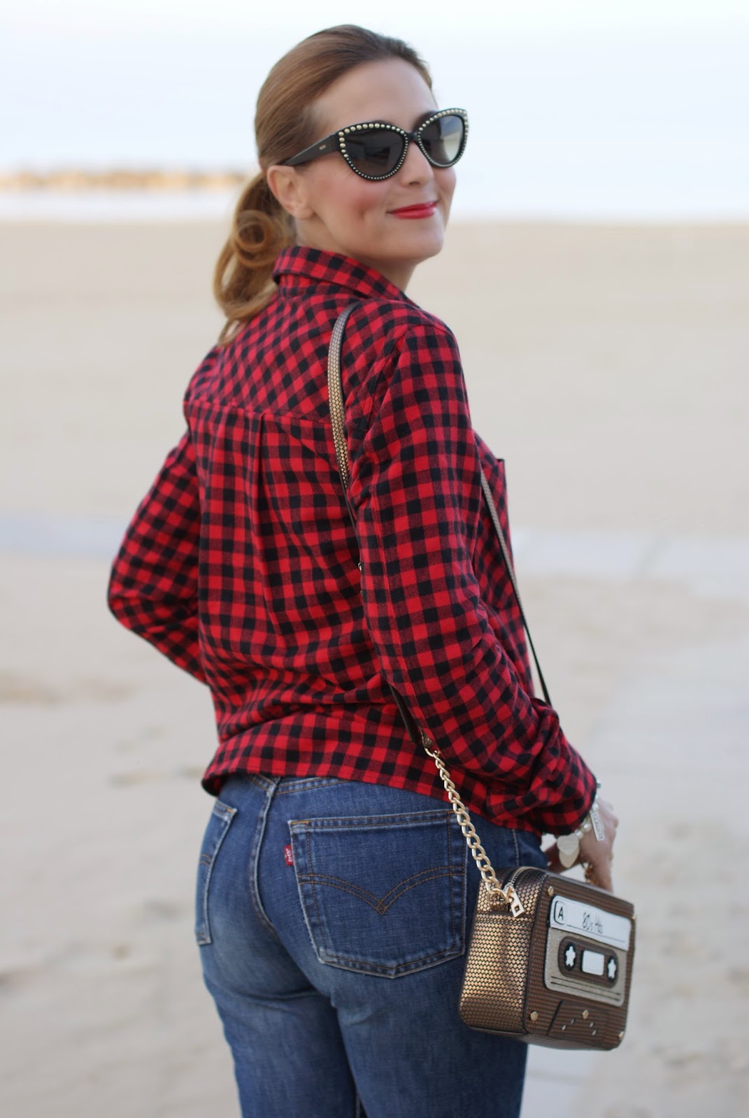 Buffalo plaid shirt, Moschino 30 year anniversary sunglasses, Levi's 501 jeans, Fashion and Cookies, fashion blogger, chelsea boots