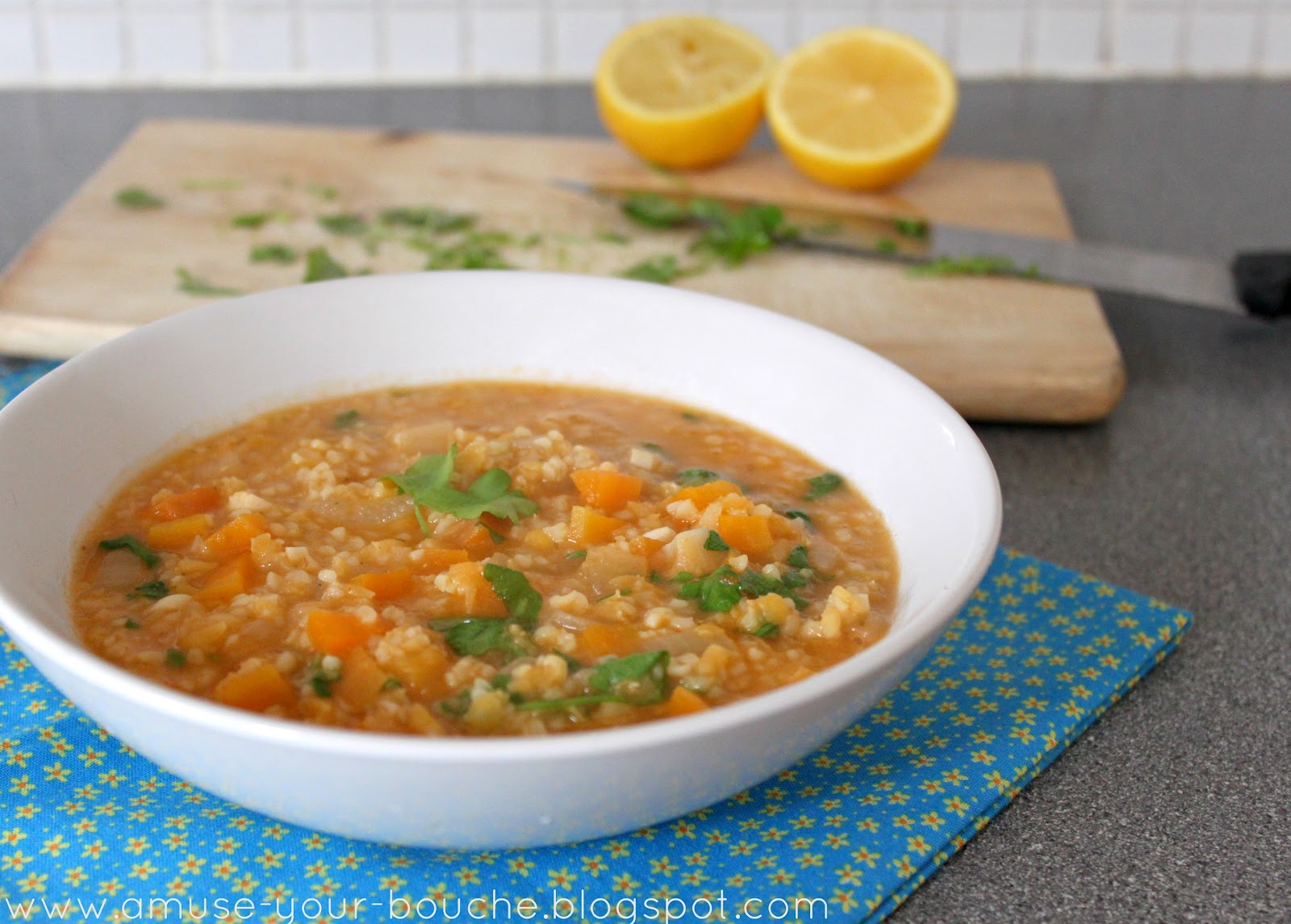 Lentil and bulgur soup with lemon and parsley Easy Cheesy Vegetarian