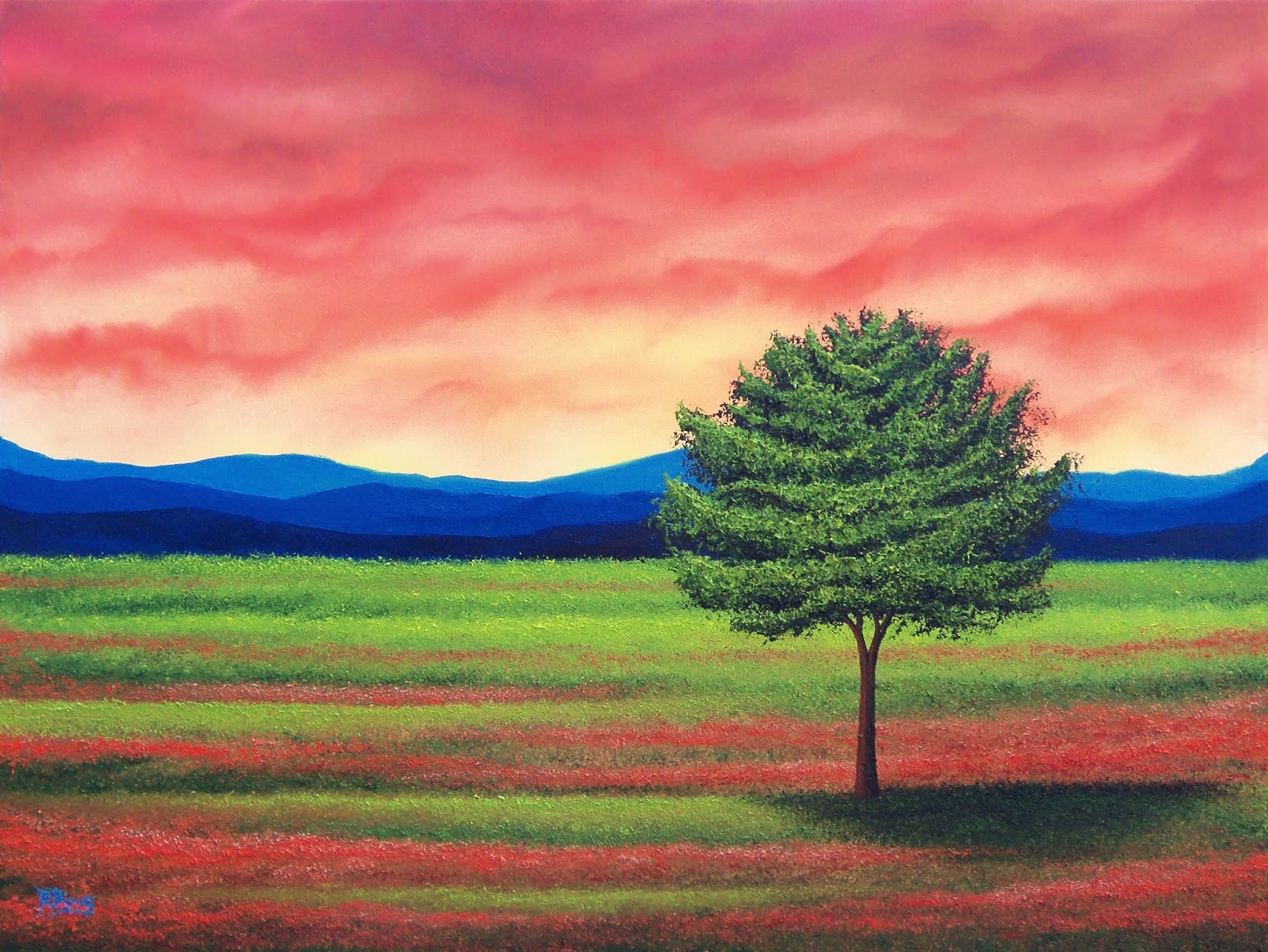 Bing Art by Rachel Bingaman Red Sunset Painting, Green Tree Painting