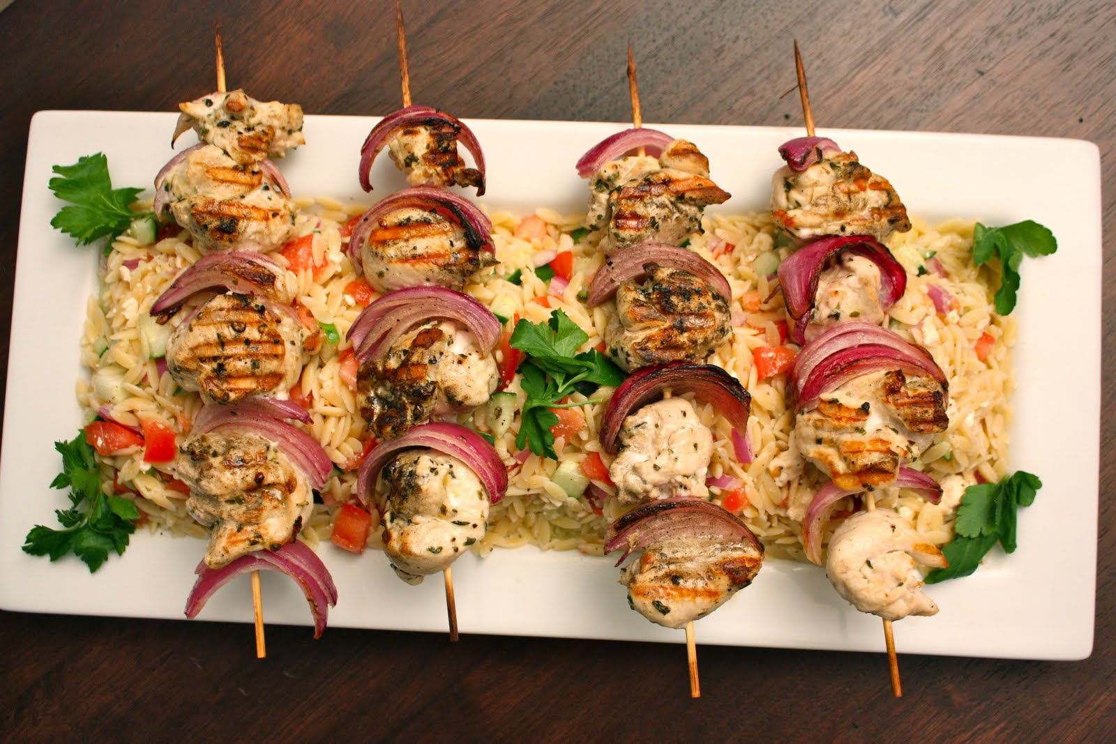 Have Her Over For Dinner Grilled Chicken Kebabs over Orzo Pasta Salad