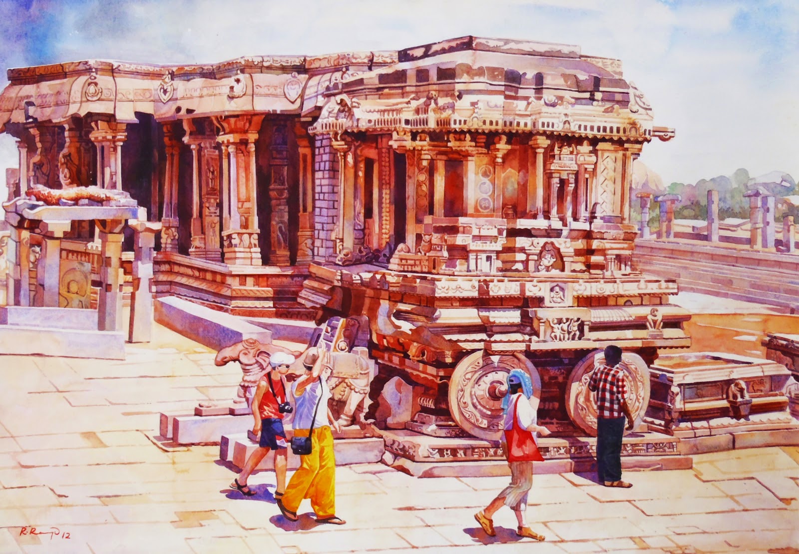 Artist Ragu Hampi Temple Watercolor Painting