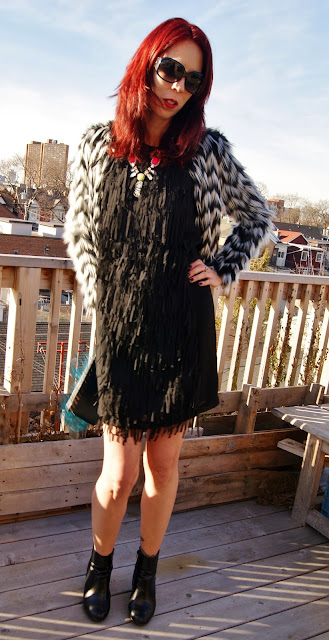 Party Ready!:  Joe Fresh Little Black Fringe Dress, H&M Faux Fur Jacket, Shop For Jayu Neon Necklace, Expression Booties from Hudson's Bay, Aldo Feather Clutch, fashion, style, New Year's Eve, Outfit, Look, OOTD, party, the purple scarf, melanie.ps, toronto, ontario, canada, sunglasses, jewlery, accessories