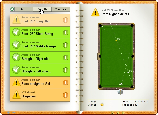 Changed view range to month, billiard exercise diary, Billiard Practice Software