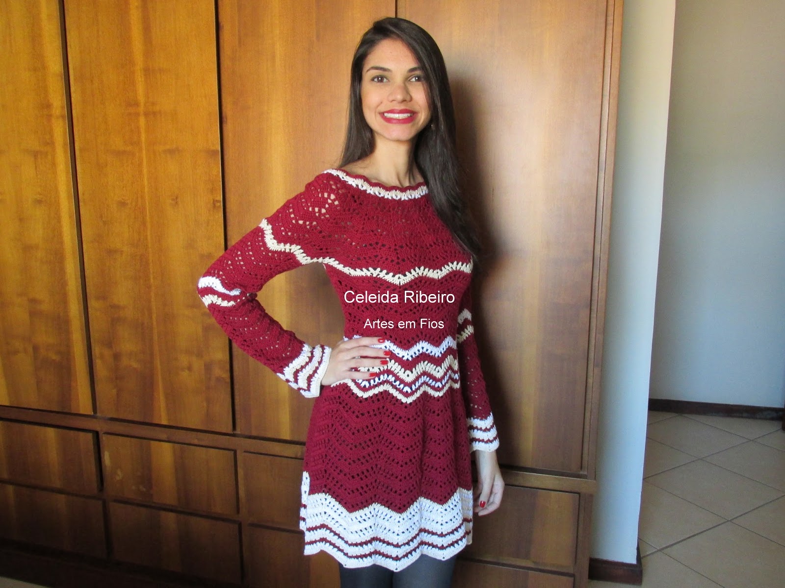 vestido croche manga longa