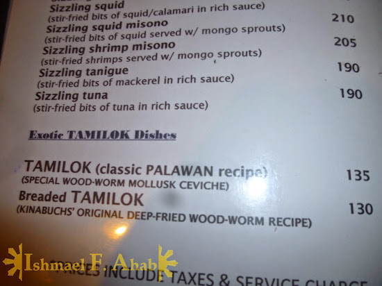 Exotic tamilok dishes in Kinbuch's Bar and Grill, Puerto Princesa City