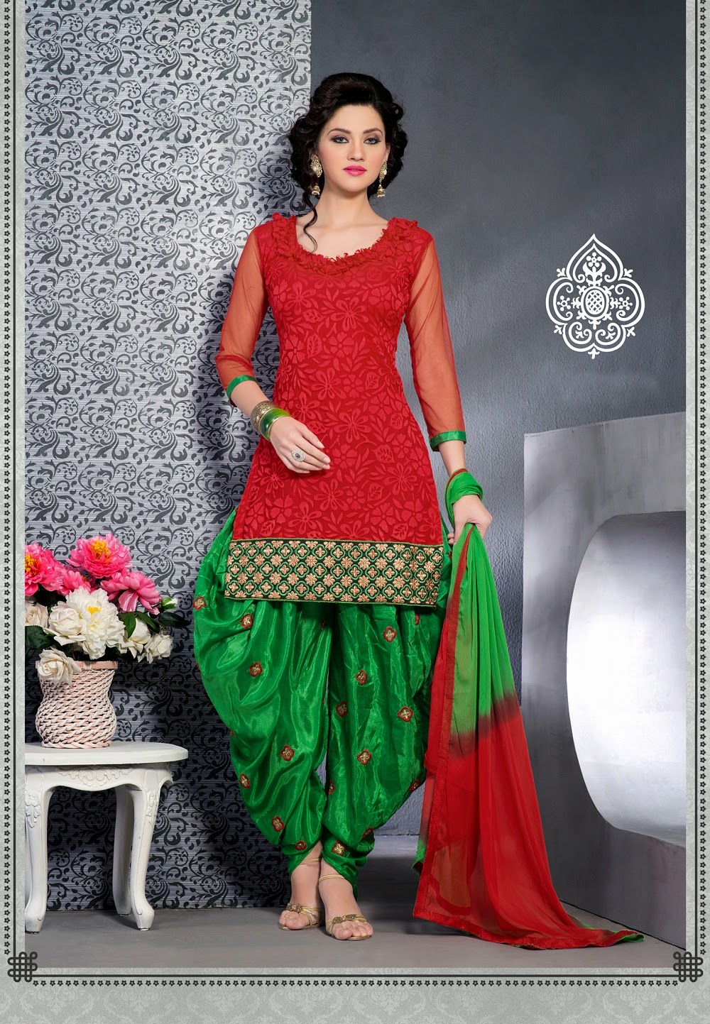  Red and green brasso designer punjabi salwar suit
