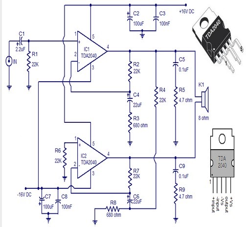Circuit amplificateur audio a base de TDA2040 ~ Electronique & Electricité