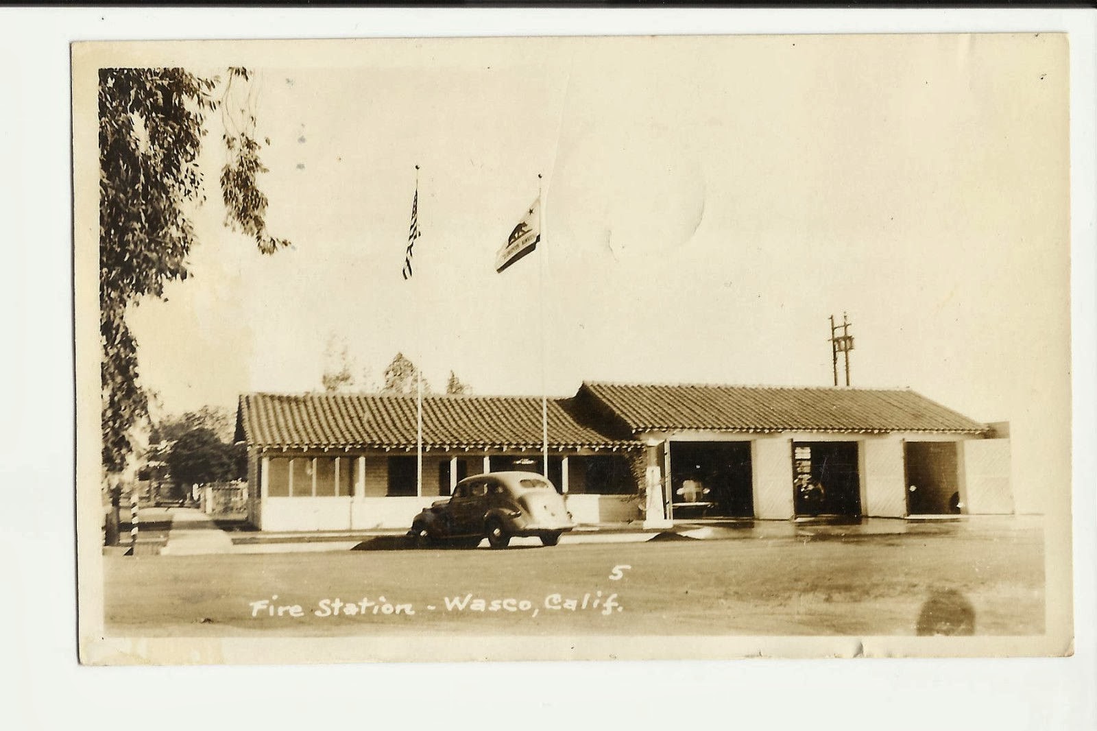 1940s Wasco Fire Station with California Bear Flag Postcard Bear Flag
