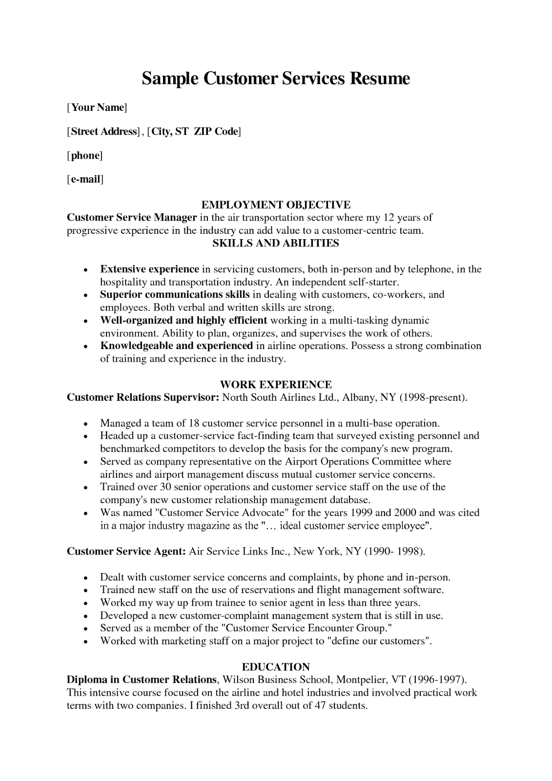 customer service manager job description