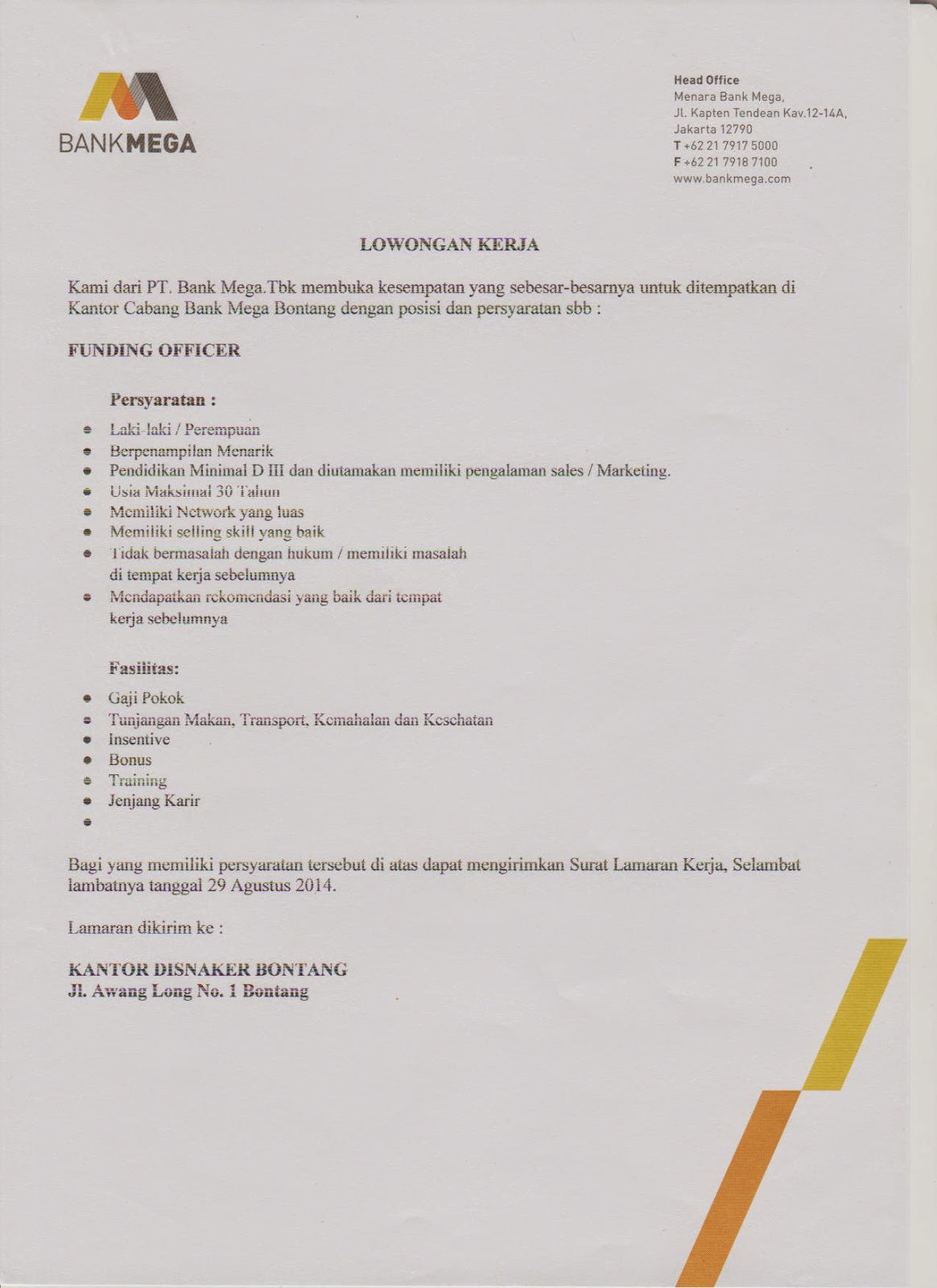 Lowongan Kerja Bontang Pt Bank Mega Tbk