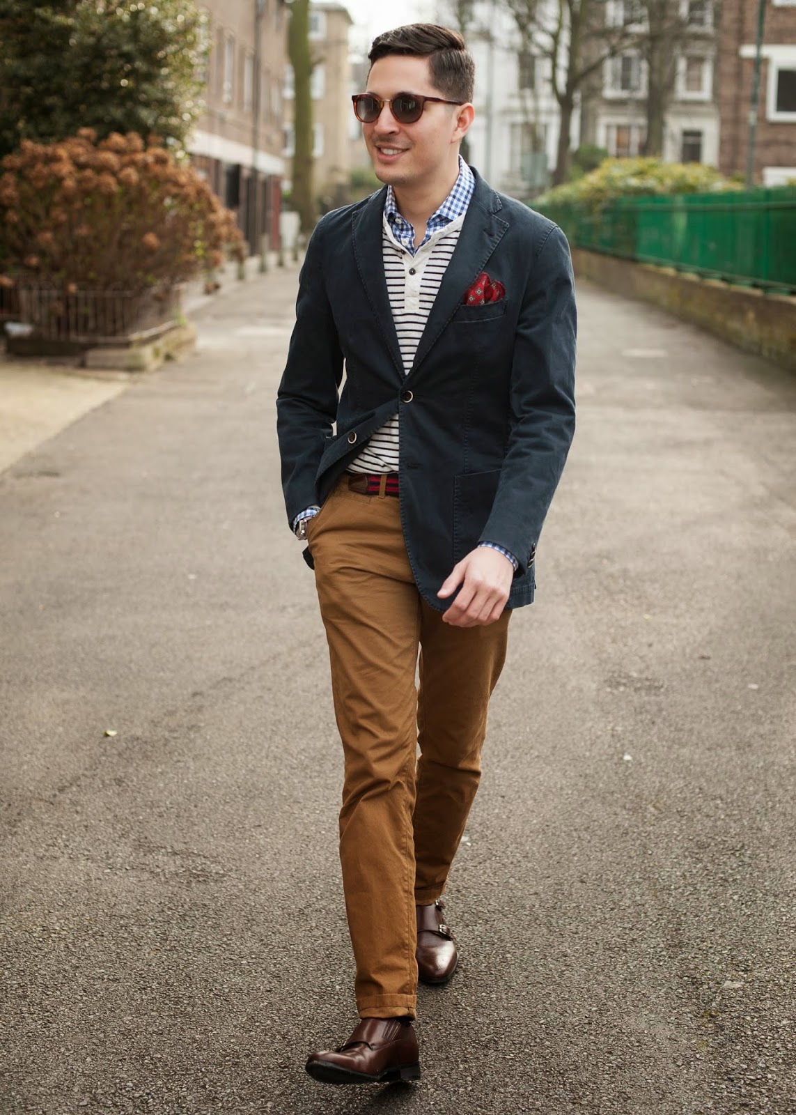 Stripes and Straps Herringbone Sydney Blazer, Herringbone Sydney Shirt, American Eagle Henley, Gap Chinos, Herringbone Sydney belt, Regal Japan Monk Straps, Herringbone Sydney Pocket Square, Oscar Wylee Sunglasses, Seiko Watch
