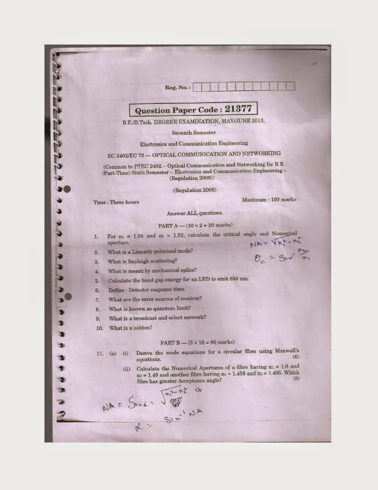 EC 2402, EC 72 Optical Communication and Networking Anna University