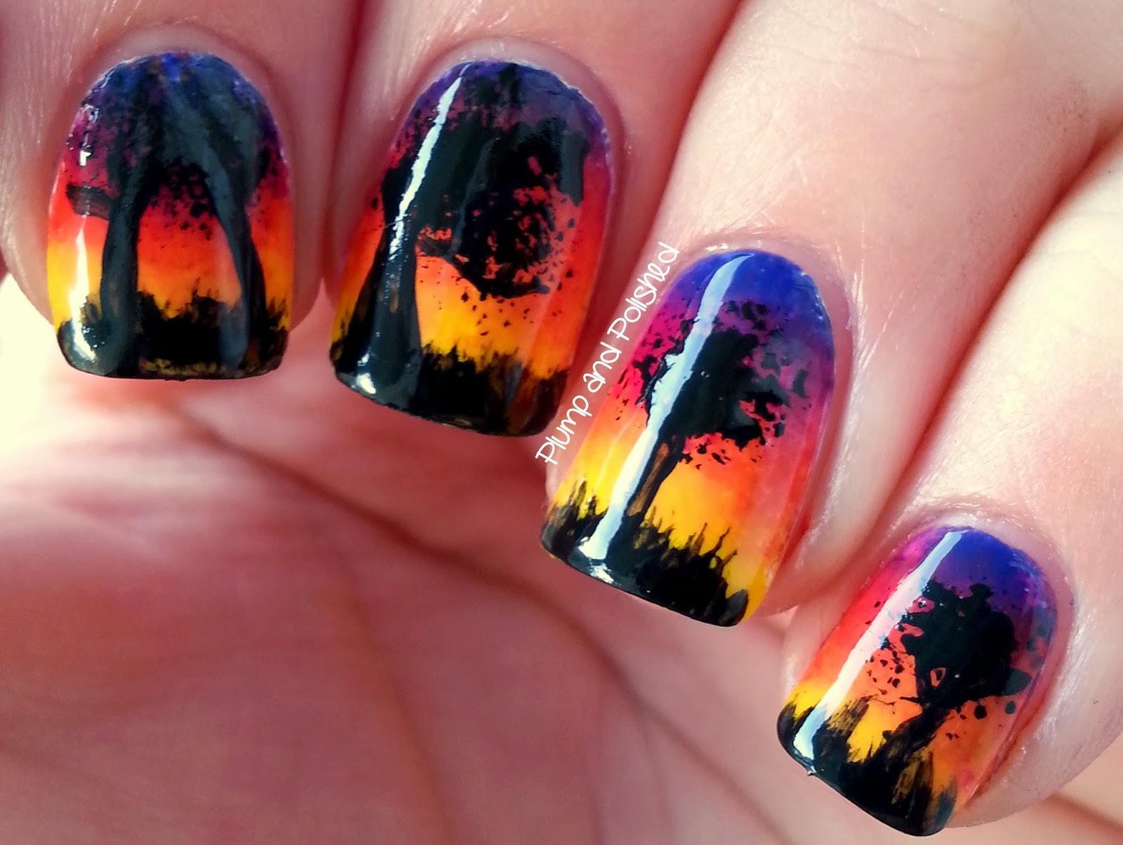 sunset forest nail art