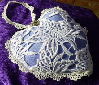 Wedding heart made from bluebell coloured indian silk and cotton guipure lace 