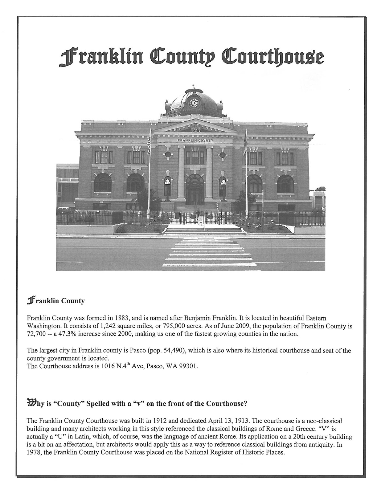 Franklin County Auditor's Office Franklin County Courthouse History