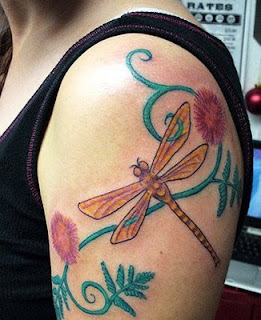 Dragonfly Tattoo with Flowers on Arms