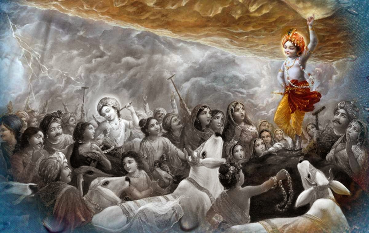 Krishna lifting Govardhan Hill and giving shelter to Vrajwasi