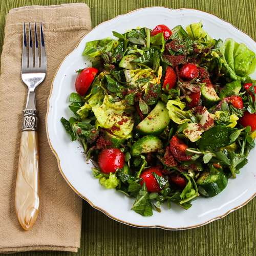 Mediterranean Lettuce Salad with Purslane, Mint, Tomatoes, Cucumbers