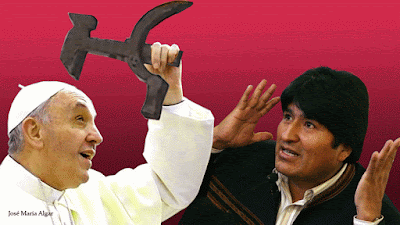 Evo Morales el Papa Francisco y la hoz y el martillo