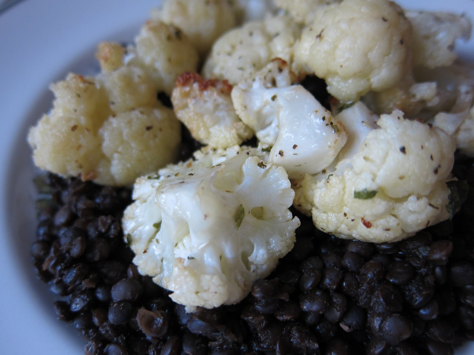 WholeFoodVegan Herb Roasted Cauliflower over Black Lentils