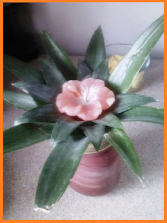 Leaves arranged in a circular pattern within a painted mason jar.  A pink flower candle sits at the center.