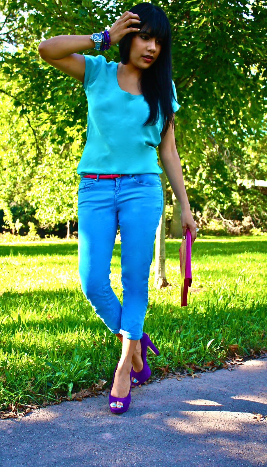 chartreuse and chiffon blue and pink and purple
