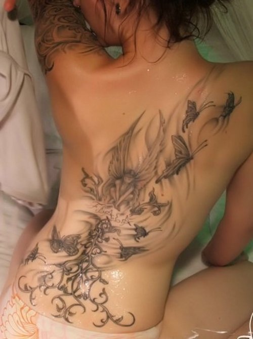 Black flower,angel and butterfly tattoo 