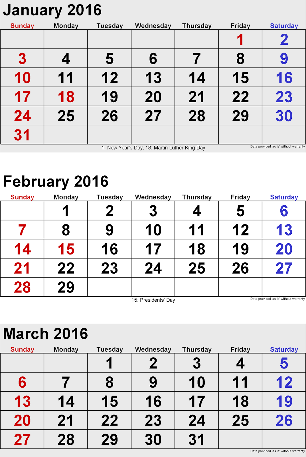january feb march 3 months printable calendar 2016 efreeshare