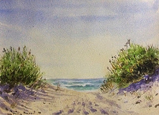 Water colour painting of a seashore by Manju Panchal