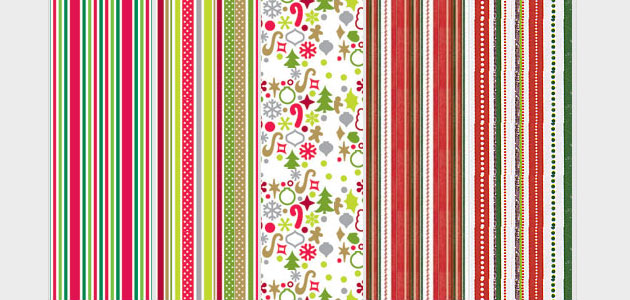 赤と緑を基調にしたストライプやイラストのクリスマス向けパターンのセット