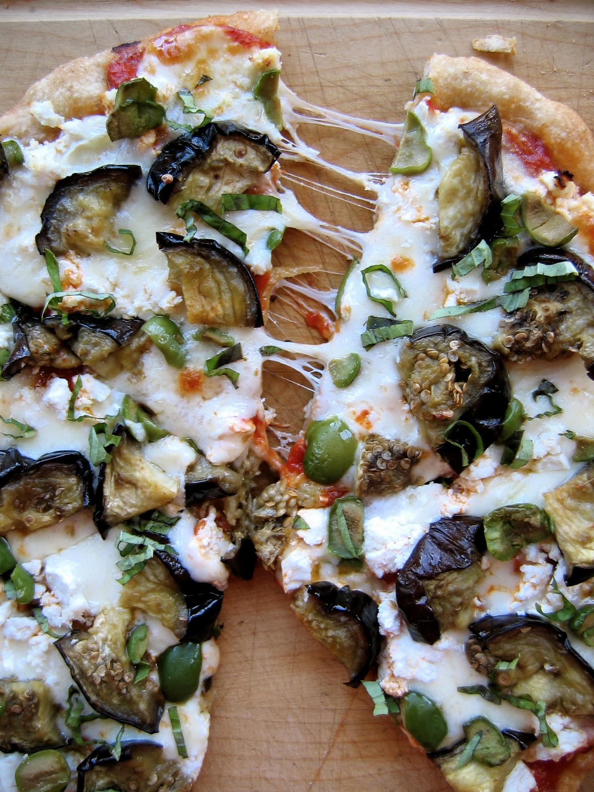 Roasted Eggplant Pizza with Fontina, Ricotta Salata and Olives • The