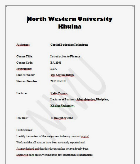 cover page for assignment