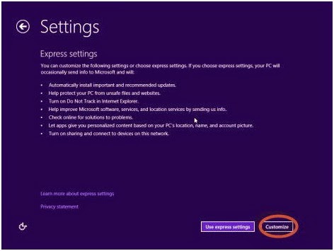 Menu setting Profile Windows 8 Menu setting Profile Windows 8