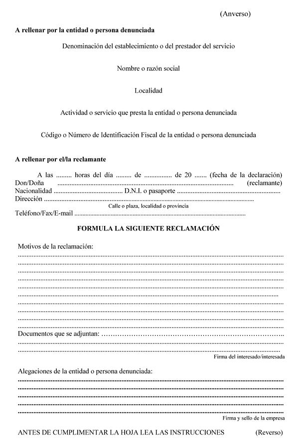 Marta Ríos MODELOS DE HOJAS DE RECLAMACIONES.