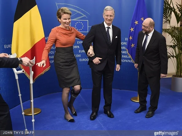 President of the European Parliament Martin Schulz welcomes King Philippe and Queen Mathilde of Belgium before a meeting at the EU Parliament in Brussels