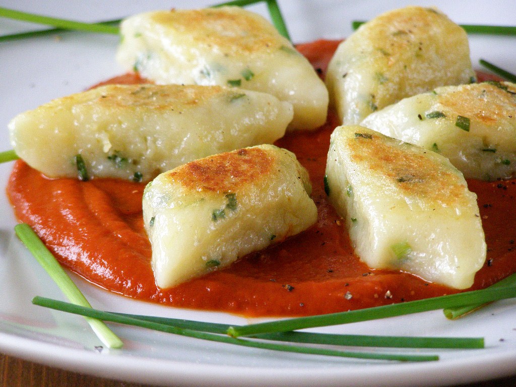 maple•spice Pan Fried Chive Gnocchi with SunDried Tomato Coulis