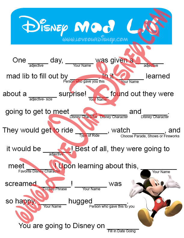 Announce A Disney Vacation- Insane Lib This Insane Experience picture regarding Mad Lib Printable identify Announce A Disney Getaway- Ridiculous Lib This Nuts Journey