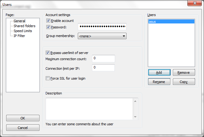 Окно с настройками аккаунта пользователя в FileZilla Server