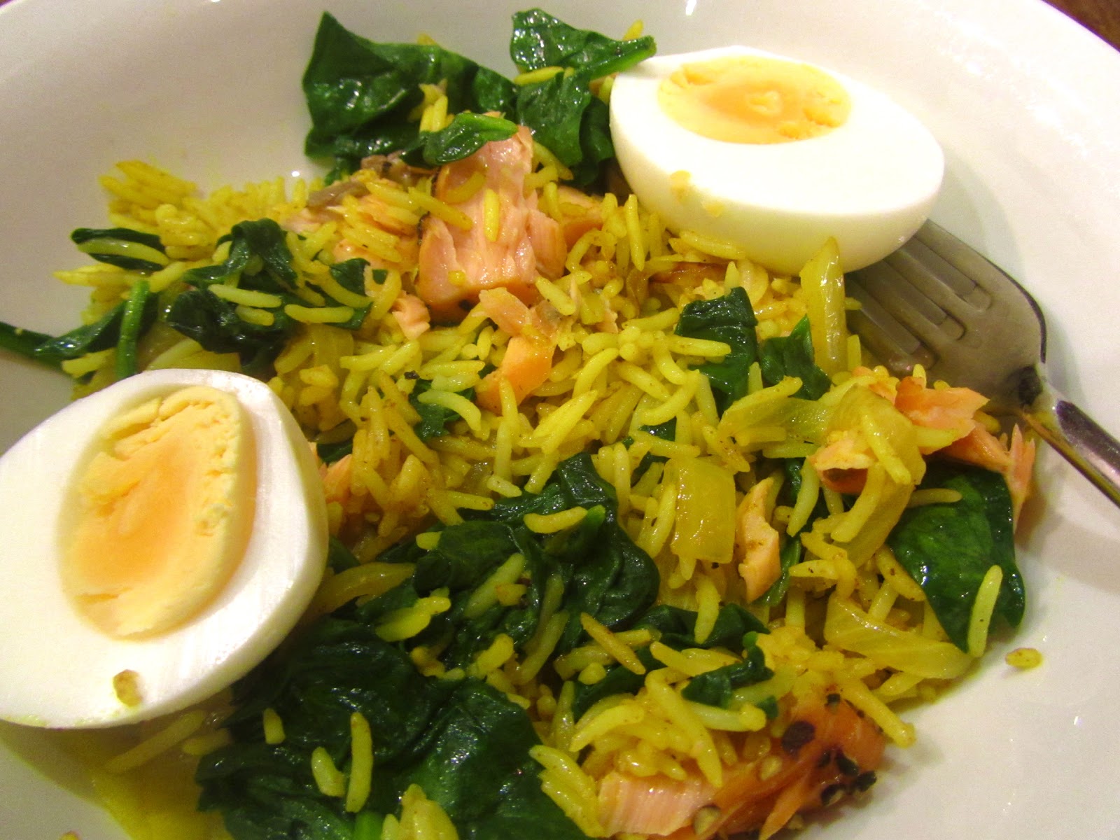 Hot smoked salmon and spinach kedgeree