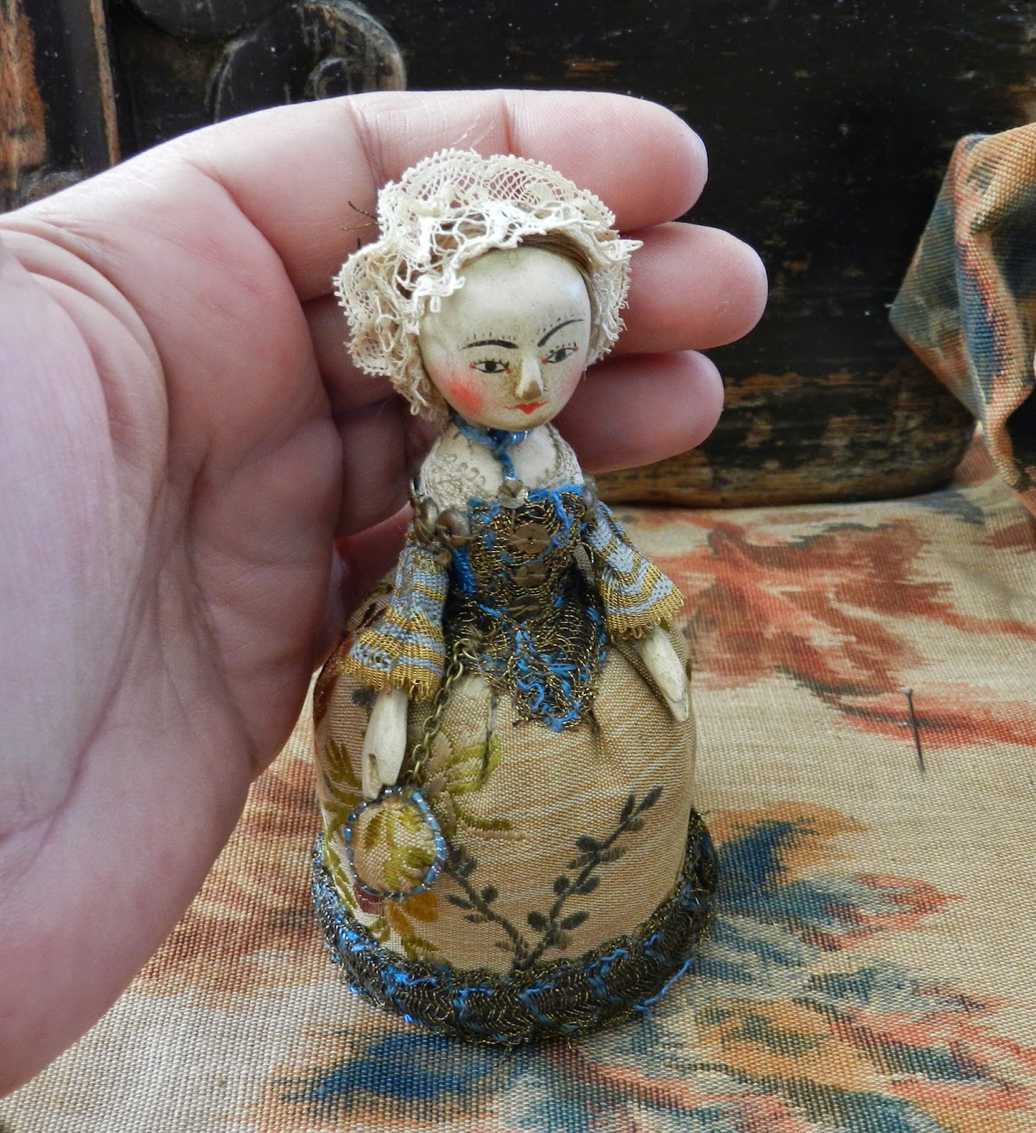 The Old Wooden Sisters New miniature pin cushion doll Queen Anne doll style