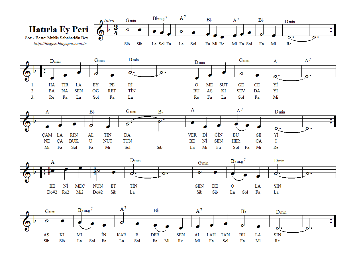 Hatırla Ey Peri / Sevgili Nota Akor Eşlik