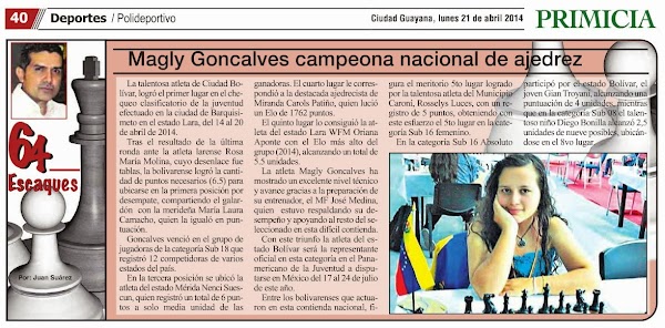 MAGLY GONCALVES CAMPEONA SUB 18 "CLASIFICATORIO NACIONAL DE LA JUVENTUD 2014" MAGLY GONCALVES CAMPEONA SUB 18 "CLASIFICATORIO NACIONAL DE LA JUVENTUD 2014"