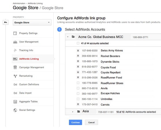 Interface d\'association compte Google Analytics avec Google Adwords