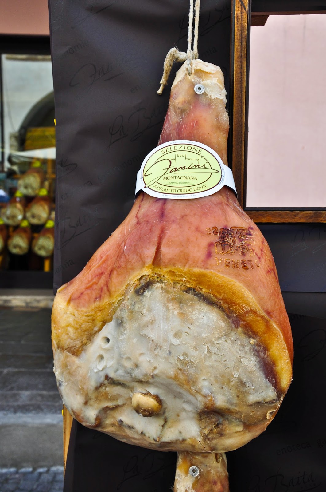 A leg of prosciutto in Montagnana, Veneto, Italy