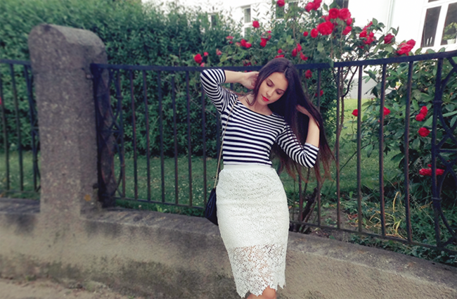 Black and white striped top, Lace midi skirt outfit