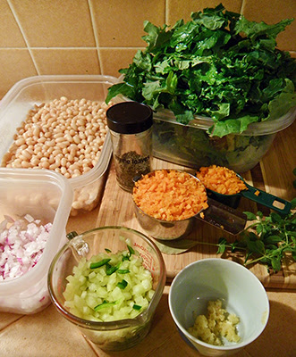 Soup Ingredients before Cooking with Huge Pile of Kale