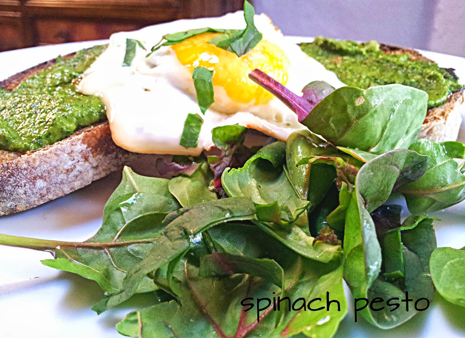 red or green? SpinachWalnut Pesto on Bruschetta with Fried Egg