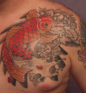 Japanese Red Color Koi Fish Tattoo on Guys Chest