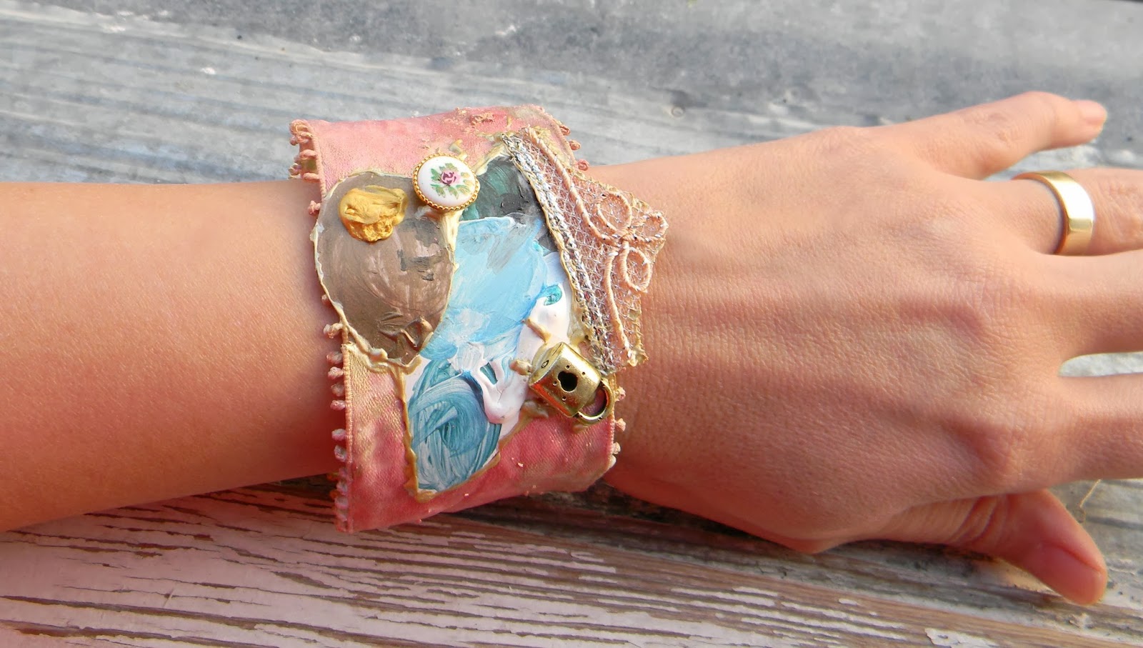 Stiffened Textile Cuff Bracelet Art Jewelry Hand Painted Cuff Pastel Fashion