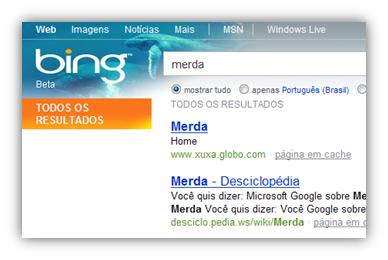 O resultado da busca no Bing que leva ao site da Xuxa